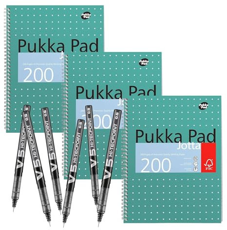 Pilot Pack of 6 BX V5 Hi-Tecpoint Rollerball Pens, Extra Fine 0.5mm, Black Pens & Pukka Pad A4 Metallic Jotta Book 3 Pack, Wirebound, 8mm Lines, 80GSM, 200 Pages Ideal for Precision Writing