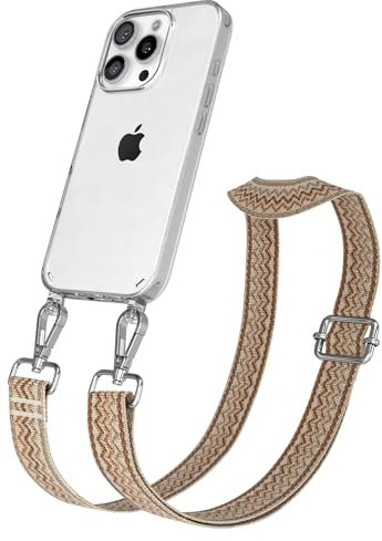 EAZY CASE Handykette - Verstellbares Taschenband kompatibel mit iPhone 16 Pro, Schulterriemen, Handykordel mit Silikon Hülle, Umhängetasche, Beige Braun Silber