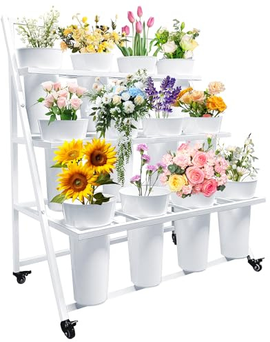 PROLEE Flower Display Stand with 12 Buckets, Flower Cart 3 Layers, Flower Stand Metal with Wheels, Moving Florist Bouquet Shelf, Triangular Rack, White