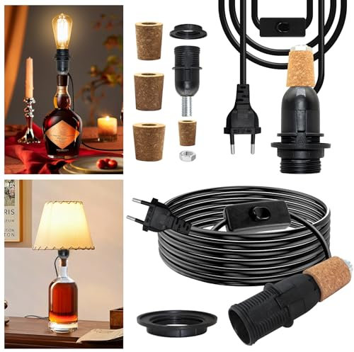 E14 Kit Lampe de Bouteille, Lot de 2 Adaptateur de Bouteille avec Cable et Interrupteur 240 cm, Support de Lampe de Bouteille, 3 Tailles de Bouchons, pas D'ampoule et Abat-jour, pour Salle à Manger