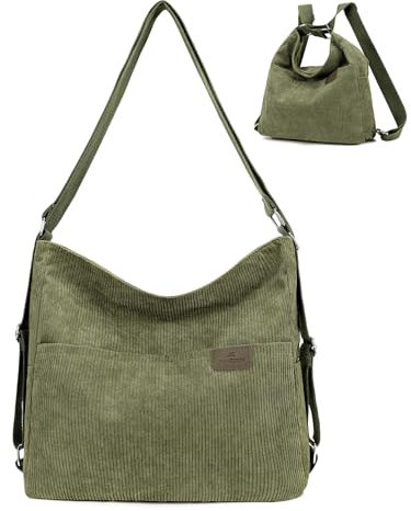 Vielseitige Cord Handtasche für Damen - Schultertasche, Umhängetasche, Hobo-Tasche & Rucksack in einem für Arbeit, Shopper, Reisen & Alltag, Grün