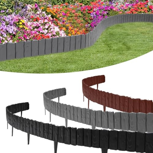 Jiubiaz Kunststoff Rasenkante 4.56M Holz Optik Garden Border aus Polypropylen Schwarz 8 Stück Palisade Beetumrandung Rasenkante Beeteinfassung 1 Element LxH: 57x21 cm