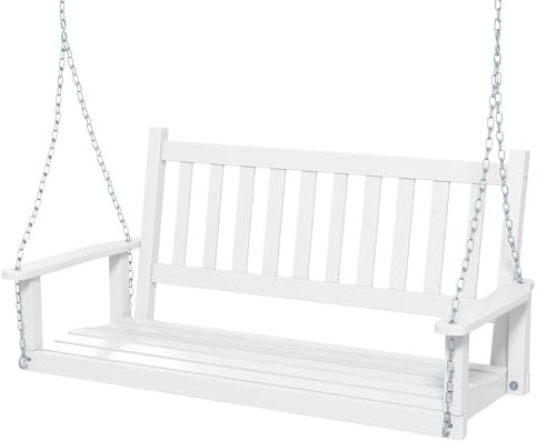 FANTASK Banco Colgante de Madera Maciza, Columpio de jardín de 2 plazas para Colgar, Columpio de jardín de hasta 230 kg, Columpio para Exteriores, Color Blanco, 136 x 67 x 63 cm