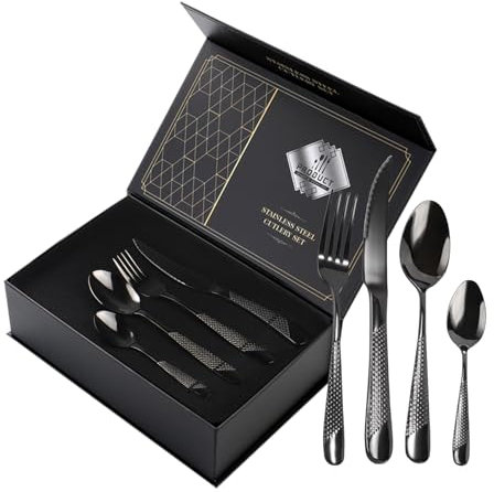 VIQWYIC Juego de cubiertos de 24 piezas, cubiertos martillados, cuchillo de acero inoxidable, tenedor, cuchara, juego de cubiertos para 6 personas, modernos cubiertos de plata para