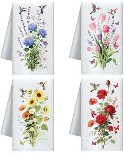 CUTHOLLOW 4er-Set Geschirrtücher mit Blumen und Kolibri Motiv | Weich & Saugfähig- Deko Geschirrtuch 60x40 cm, Trockentücher Microfaser für Küche, Tee, Kaffee, Bar, Zuhause, Neues Geschenk