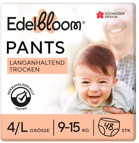 Edelbloom Premium 48 Windelhöschen Größe 4 (9–15 kg), Ultra-Saugfähig & Atmungsaktiv, Hypoallergen, Extra Weich & Sanft für Babys, Dermatologisch Getestet, Sicherer Auslaufschutz, Für Tag & Nacht