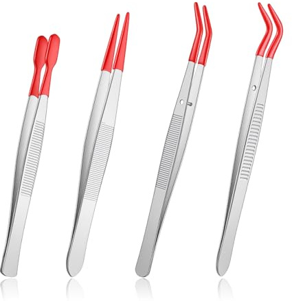 YBEATY 4 Stück Pinzetten Mit Gummispitzen, Pinzette, Präzisionspinzette | Lang Gebogen Und Gerade Flache Spitze, für Briefmarken, Münzen, Schmuck, Handwerk, Industrie, Elektronik, Labor