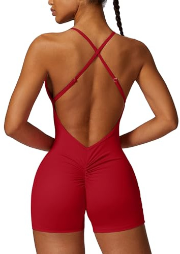 ECUPPER Women Backless Workout Jumpsuits One Piece Adjustable Strap Gym Rompers Zip Up Tummy Control Yoga Bodysuit