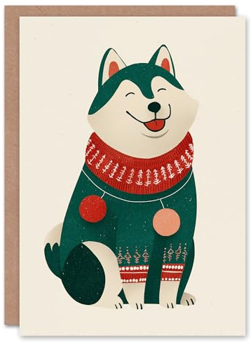 Artery8 Christmas Card Happy Husky Dog Wearing Cosy Festive Sweater