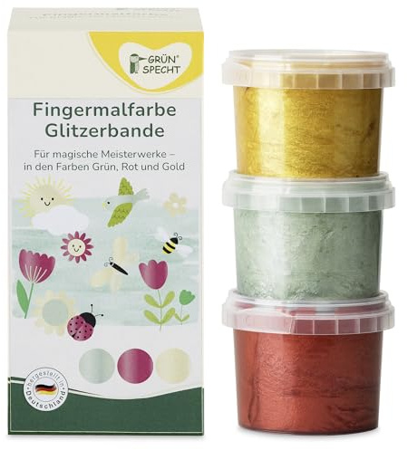GRÜNSPECHT Fingermalfarbe Glitzer Glitzerbande, 3 x 90 g,Malen & Basteln | 3 Farben (Grün, Rot, Gold), mit Maisstärke aus kbA , Malen & Basteln, Made in Germany