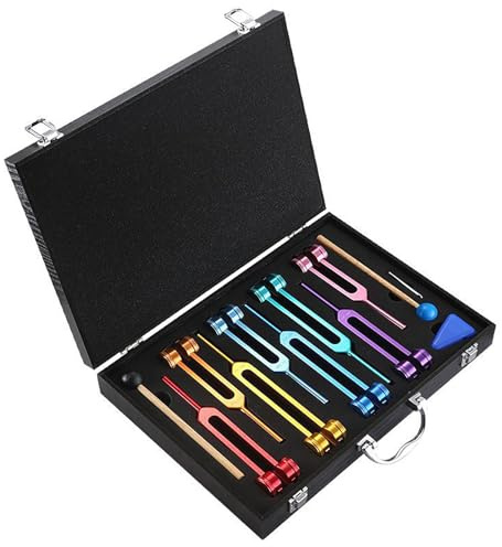 Solfeggio Tuning Fork Set of 8 (126.22~270.20 hz), Aluminium Tuning Fork Set with Unweighted, 2 Hammers, Cleaning Cloth & Storage Box, for Therapeutic Purposes, Sound Healing at Home, Yoga