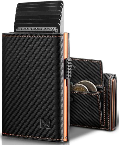 MYSHION Geldbörse Herren mit Münzfach & RFID-Schutz, Smart Wallet mit Sichtfenster, Portmonee Geldbeutel Herren, Portemonnaie Herren mit 6 Kartenfächern für bis zu 11 Karten (Karbon Orange)