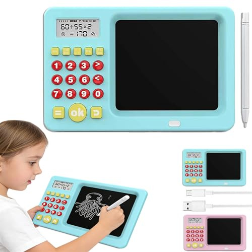 2-in-1 Math Learning Tablet - Handwriting Practice & Interactive Games, 2-in-1 Math Learning Calculator & Drawing Board with Display, Fun Educational Gift for Boys & Girls (Blue)