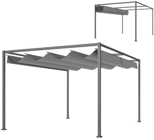 Outsunny Gazebo Pergola 4x3 m con Tettuccio Retrattile Grigio Scuro | Fori di Drenaggio, Picchetti e Viti, Pergolato da Giardino in Poliestere e Metallo, Patio, Terrazzo, Esterno