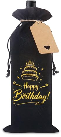 Birthday Bottle Bag for Men Black Wine Bags with Happy Birthday Design Tag and Drawstring