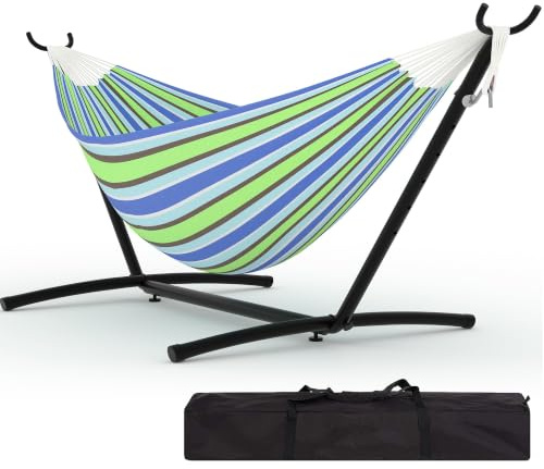RBFGYIOP Doppel-Hängematte mit verstellbarem Stahlrahmen, faltbar und tragbar, Tragfähigkeit 227 kg, für drinnen und draußen, ideal für Garten, Terrasse, Camping, Tasche inklusive – Blau-grün