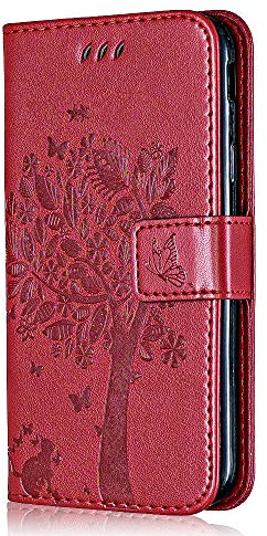 Conber Hülle für Huawei P20 Lite, PU Leder Tasche Flip Case Lederhülle Handyhülle, Vintage Katze und Baum Schutzhülle für Huawei P20 Lite - Rot