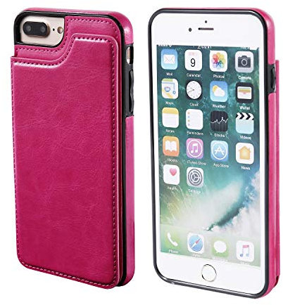 UEEBAI Case for iPhone 6 Plus/6S Plus, Luxury PU Leather Case with Magnetic Clasp, Card Slots, Stand Function - Rose Red
