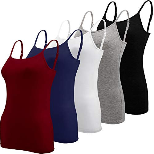 BQTQ 5 Pieces Basic Camisole Adjustable Strap Vest Top for Women and Girl, Black, White, Grey, Dark Grey, L