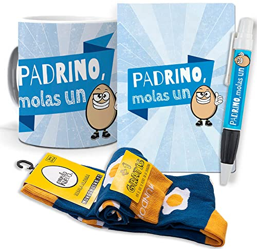 Super Regalo Personalizado para Padrinos. Padrino molas un Huevo. Taza, libreta, boli y Trio de Calcetines