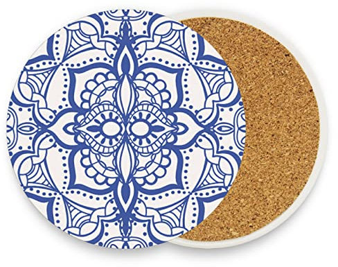 Tribal Moroccan Portuguese Tiles Ornaments Blue White Yellow Pattern 1 PC Ceramic Mug Coaster for Drinks, Stone Coasters Holder with Cork Base, Oversize Cup Mat Pad for All Mugs, Housewarming Gift