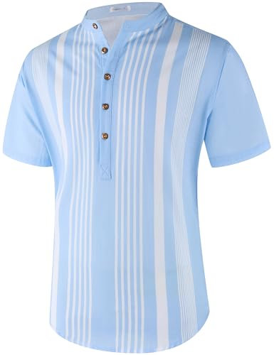 APTRO Mens Short Sleeve Linen Shirts Casual Cotton Shirts Summer Shirts Hawaiian Striped Grandad Henley Shirts Stripe Light Blue MHL50 XL