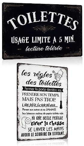 ESFIVHO Lot de 2 - Toilettes Plaque Metal avec Humour Citation Français - Les règles des Toilettes - Drôle WC Panneau Pancarte - Decoration Murale Pour Maison Salle de Bain 20x30cm (Set 01)