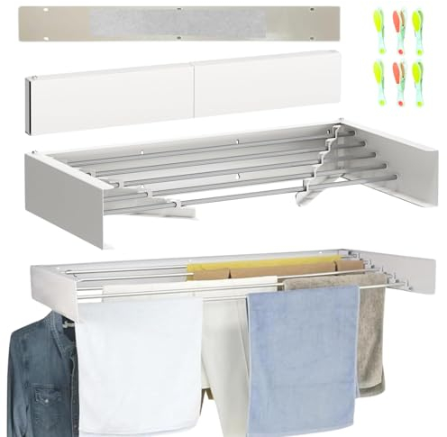 JANDTEK Tendedero Pared Plegable y Extensible 100 cm – Blanco | Tendederos Plegables de Pared Interior o Exterior – Soporta 30 kg + 24 Pinzas – Montaje con Tornillos Incluidos