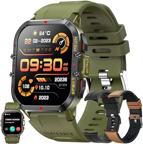 Smartwatch Herren mit Telefonfunktion, 1,96 Touchscreen IP68 Wasserdicht Sportuhr mit 100+ Sportmodi, Blutdruckmessung, Herzfrequenz, Schrittzähler, Militärische Fitnessuhr für iOS Android (Grün)