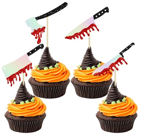 24Pcs Halloween Knife Cupcake Toppers Laser Glitter Horror Blood Knife Cupcake Picks Killer Birthday Cake Decorations for Halloween Blood Knife Theme Birthday Party Supplies