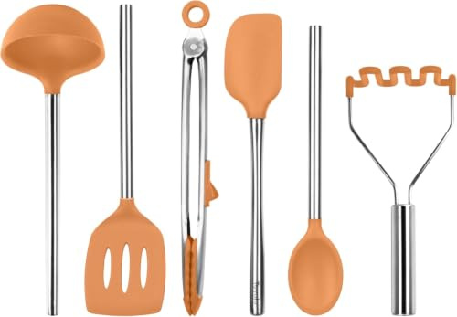 Tovolo Silicone Cooking Utensil Set of 6 Stainless Steel Handle Ladle Slotted Turner Tongs Flex Core Spatula Scraper Mixing Spoon & Potato Masher, Dishwasher Safe BPA Free Utensils, Apricot Orange