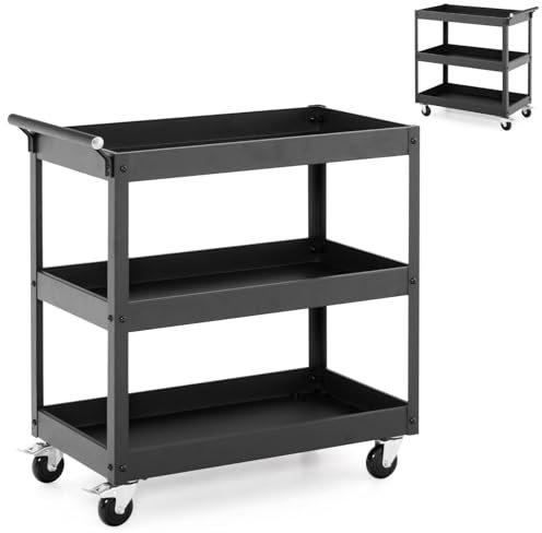 GiantexUK 2/3-Tier Tool Trolley, Metal Frame Utility Service Cart with 4 Wheels and Handle, Heavy Duty Rolling Storage Trolley for Office, Garage, Warehouse and Workshop (3-Tier, Flat Handle, Black)