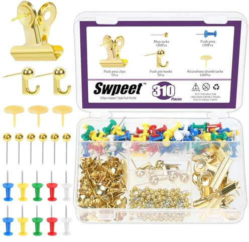 Swpeet 310Pcs Gold Push Pins Set, Including Thumb Tacks, Push Pin Hooks, Pushpin Clips, Decorative Push Pins and Map Tacks, 5 Style Gold Office Accessories Ideal for Map Office