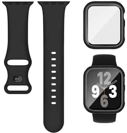 3-IN-1 Kompatibel für Apple Watch Armband mit Hülle und Displayschutz 40mm 41mm 44mm 45mm, Weich Silikon Sport Band + Gehäuse Mit Glas Kompatibel für iWatch Series SE 9 8 7 6 5 4 Damen Herren Schwarz