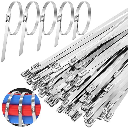 Celepoir 180Pcs Stainless Steel Cable Ties 100/150/200/250/300mm, Self-Locking Metal Cable Ties Rustproof, 125 KG Tensile Strength, UV Resistant, Silver Cable Tie Steel, for Gardening Workshops