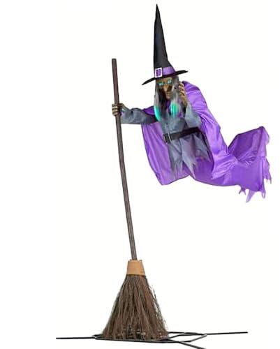 vohiko Halloween Props Garden Flying Witch, Animated Halloween Props, 1.8 m Flying Hover Witch, Animated Hovering Witch on Broom with Scary Sounds and Lights, Scary Props House Decor for Garden Yard