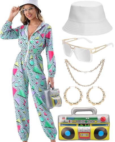 80er 90er Jahre Outfit Jumpsuit Damen, Trainingsanzug Overall Hoodie, Jogginganzug mit Aufblasbarer Ghettoblaster Hut Gläser Halskette Ohrringe,Karneval Fasching Mottoparty Kostüm