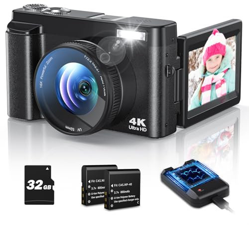 Digital Camera 4K, 48MP Autofocus Compact Digital Camera with 32GB Card, 3'' 180°Flip Screen 16X Digital Zoom Camera with 2 * 800 mAh Batteries for Beginners