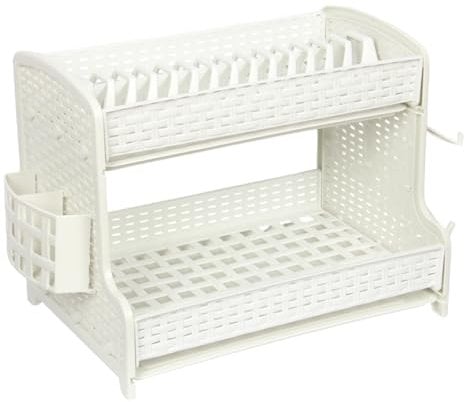 2 Tier Plate Drainer Rack with Cutlery Holder Mug Holder and Drip Tray. Black Grey Plastic Kitchen Sink Drainer Rack. (White) (WHITE)