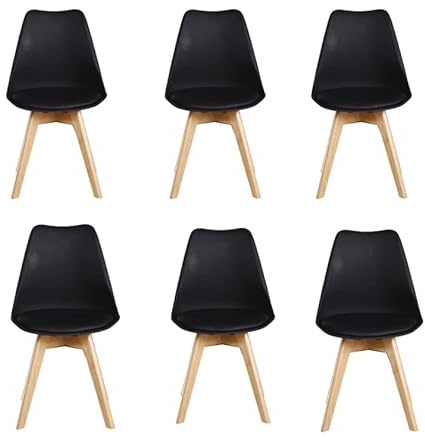 P&N Homewares Retro Modern Dining Chairs – Lorenzo Plastic Chairs with Cushioned Pad Seat & Solid Beech Wooden Legs - Mid Century Side Chair for Dining Room Living Room Kitchen (Pack of 6, Black)