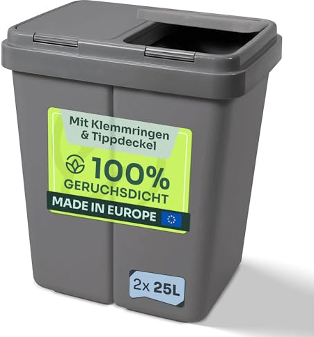 Gardissimo Duo Bin Müllbehälter Grau mit Deckel 2 x 25 Liter | Kunststoff, Geruchsdicht, Mülltrennsystem, Inkl. 2 Ersatzfedern, 45 x 33 x 51 cm