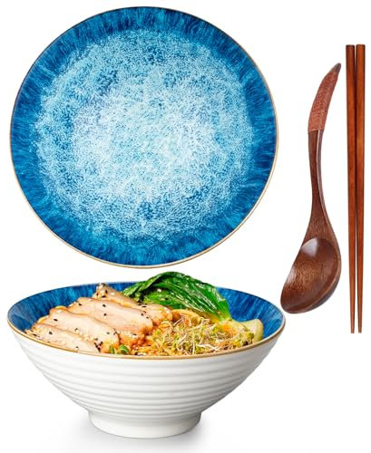 Bol à ramen, bol à ramen, bol japonais en céramique, bol à ramen, bol à ramen avec cuillère, baguettes, bols à soupe 1200 ml, bols à ramen, bols à céréales, saladiers