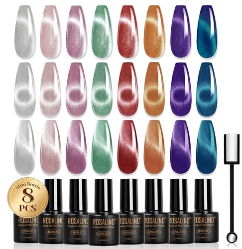 ROSALIND Cat Eye Gel Nail Polish 8 Colors Crystal Magnetic Gel Nail Polish | Silver Pink Green Red Purple Blue Cateye Gel Polish with Magnet, UV LED Cat Eye Gel Polish Mini Nail Art Manicure DIY Gift