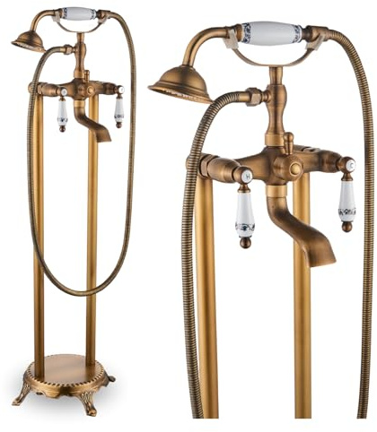Freistehende Badewannenarmatur Retro mit Handbrause und 180° schwenkbarem Auslauf Bodenmontage Messing Keramikkartusche Wasserfallauslauf für Badewanne (Messing/Keramik)