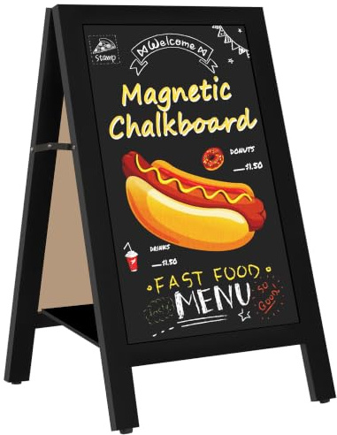Magnetische Kreidetafel Aufsteller 45 × 85 cm mit Ablage, Kundenstopper | Beidseitig,Klappbar,A-Rahmen,Magnetische Holz-Kreidetafel,Kundenstopper,Outdoor,Werbetafel,Restaurant,Café,Märkte,Schwarz