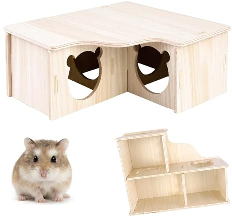 Maison en Bois pour Hamster, 22.5 x 17.8 x 8 cm, Couleur Bois Naturel | Maison Hamster 3 Chambres sans Fond, Montage sans Clou,Surface Déperlante,pour Gerbilles,Souris,Octodons et Souris Épineuses