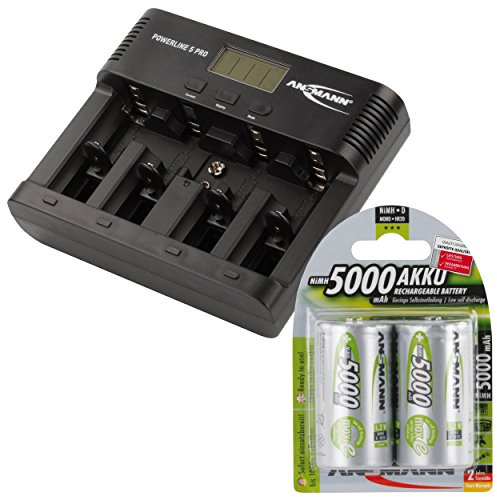ANSMANN Akku-Ladegerät für AA/AAA/C/D/9V-Block NiMH Akkus - Batterieladegerät mit 5 Ladeprogrammen: Laden, Entladen, Testen, Refresh, Schnellladen + USB - Powerline 5 Pro + 2x 5000mAh Mono D Akkus
