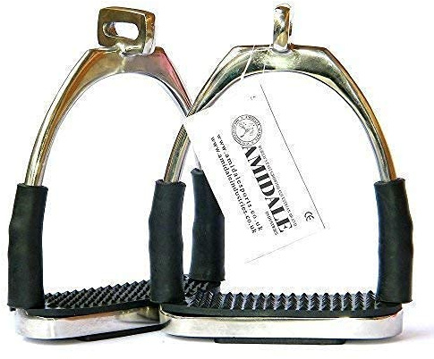 AMIDALE STIRRUPS OFFSET EYE FLEXI SAFETY STIRRUPS OPTIMUM LEG POSITION HORSE RIDING IRONS STAINLESS STEEL 4.75 BNWT
