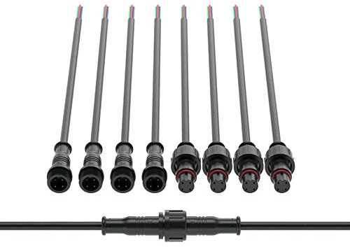 BTF-LIGHTING 4 Pin Waterproof Electrical Connector 24AWG IP65 Male Female Connector 7.87in/20cm Extension Cable for TrucBoaIndoor/Outdoor LED Strip Lights/String 15mm Nut Small Size 5 Pairs