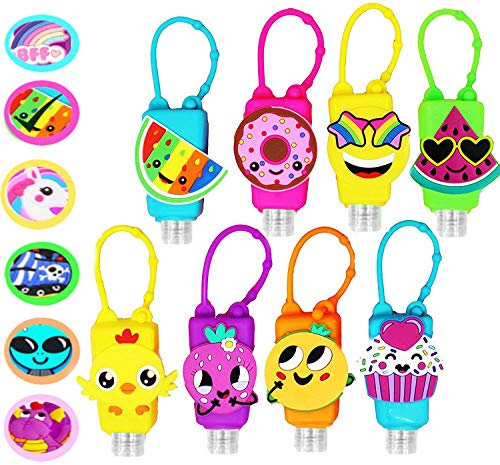 KINIA 8 Pack Mixed Kids Hand Sanitizer Travel Sized Holder Keychain Carriers - 8-1 fl oz Flip Cap Reusable Portable Empty Bottles (8-Variety Pack MIXED)